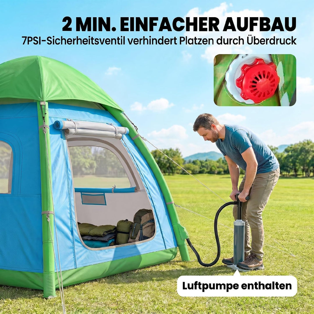 Outsunny Aufblasbares Zelt 3 Personen Schneller Aufbau Outdoor Camping Zelt mit Luftpumpe Meshfenste