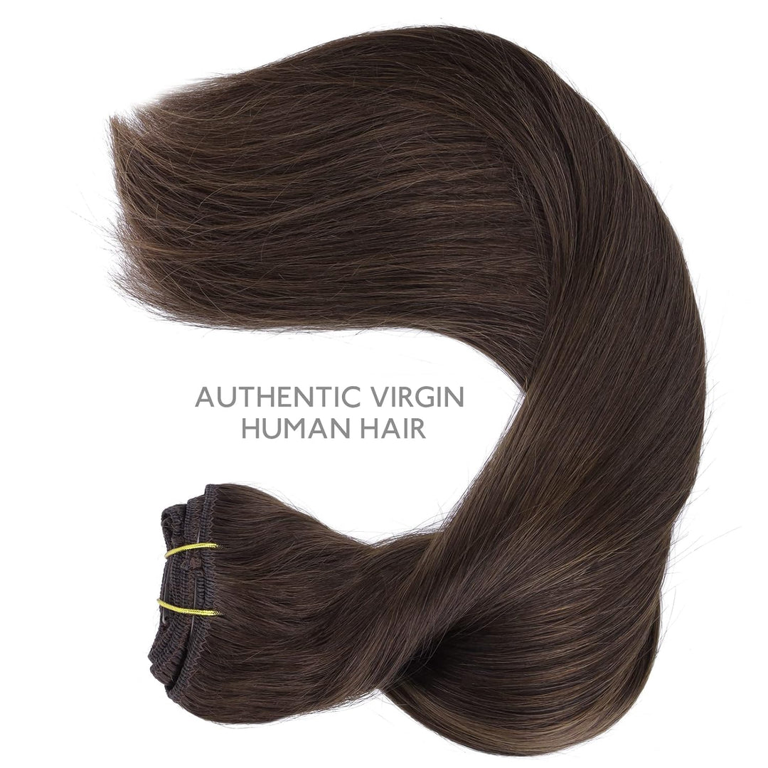 WENNALIFE Haarverlängerung mit Clip, Naturhaar, 150 g, 35 cm, 9 Stück, Dunkelbraun, Hellbraun, Exten