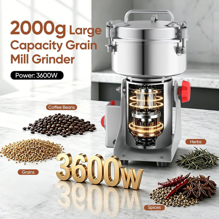 Elektrische Getreidemühle 2000 g, 3600 W, 32000 U/min, Schaukeltyp | Edelstahl-Getreidemühle mit 5-M