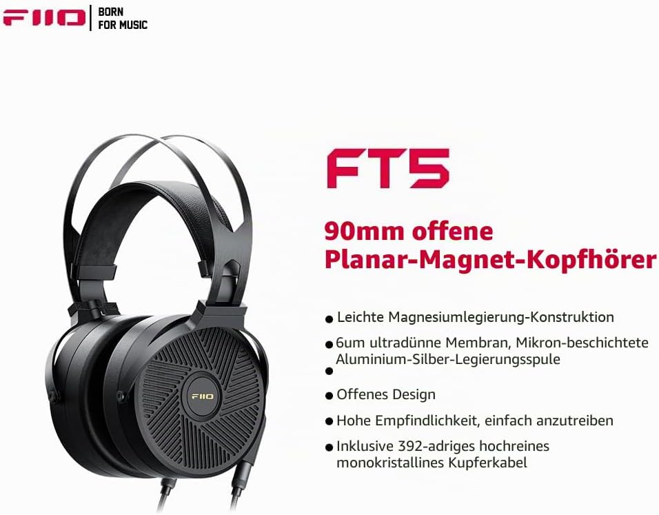 FiiO FT5 Open-Back 90 mm planar magnetische Kopfhörer für Audiophile/Studio, toller Klang, hohe Empf