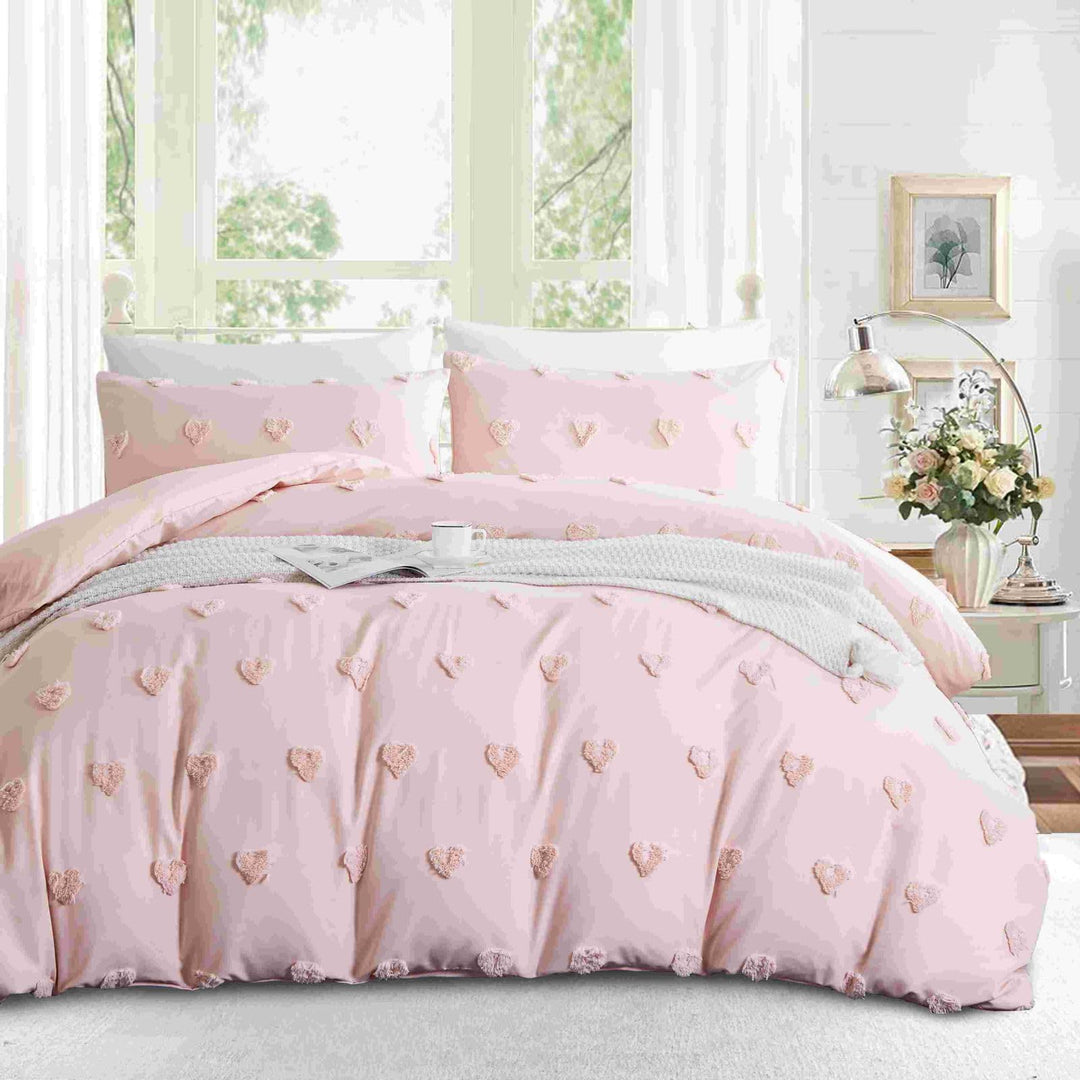 Freyamy Boho Bettwäsche 135x200cm Rosa Getuftet Herz Bettwäsche-Sets Stickerei Shabby Chic Bettwaren