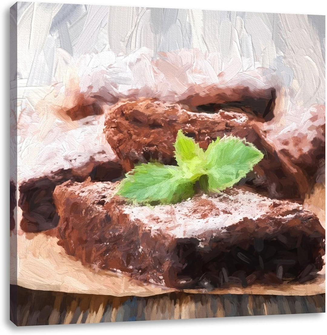 Pixxprint köstlicher Brownie mit Minze, Format: 70x70 als Leinwandbild, 70x70