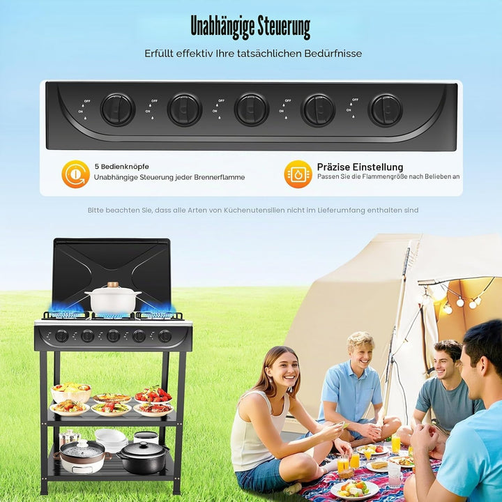 Gasherd 5 Flammen 2 5KW Propan Gaskochfeld Freistehend Outdoor Camping Kochfeld mit Ablageflächen un
