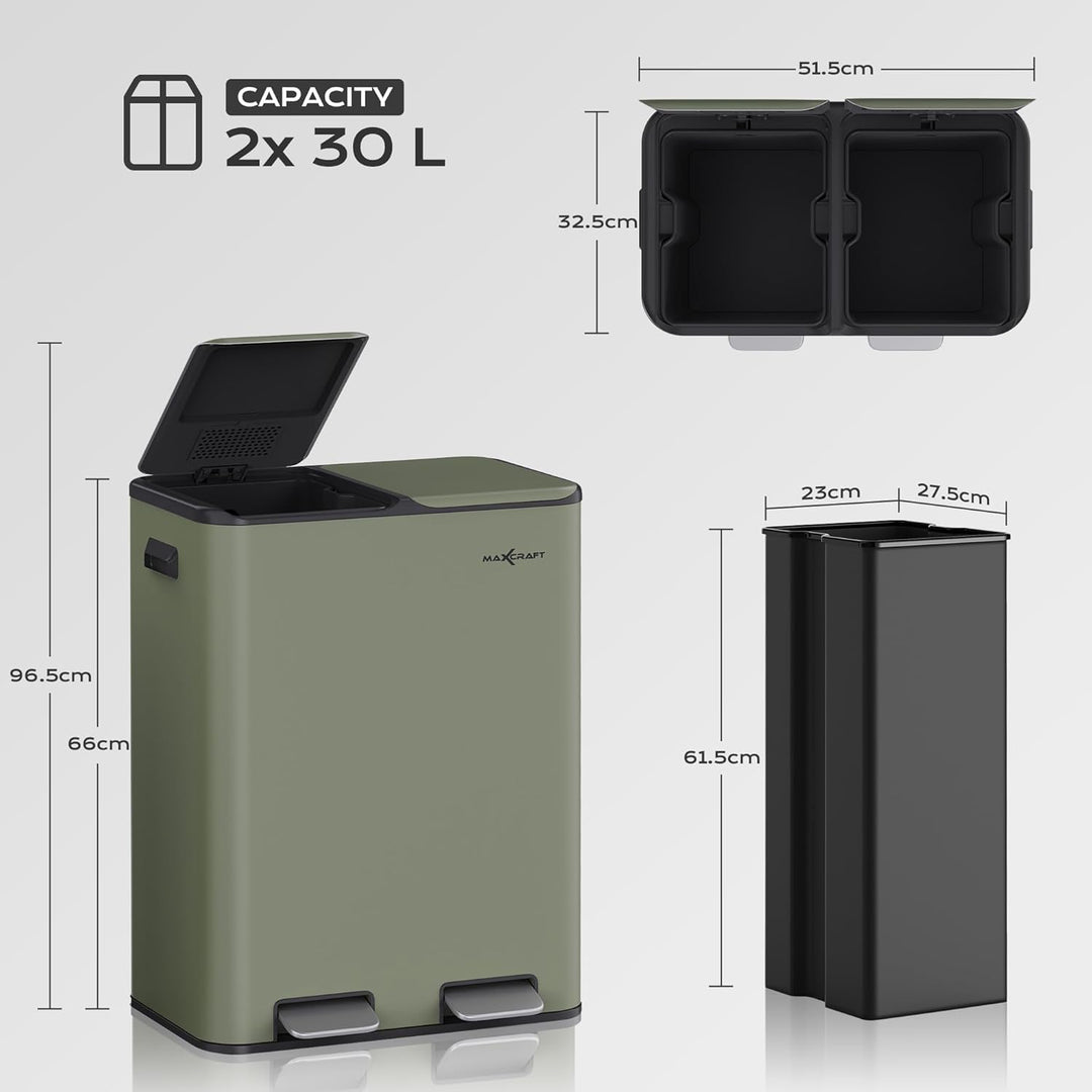 Mülleimer 60 Liter aus Stahl Treteimer Abfalleimer mit 2 Inneneimern aus Kunststoff (2x 30L) - Sanft
