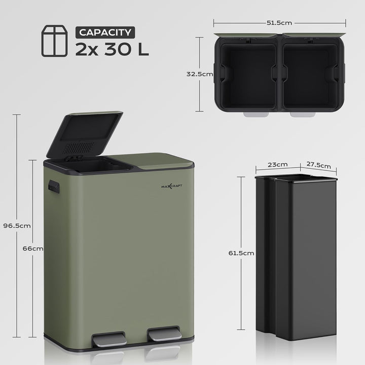 Mülleimer 60 Liter aus Stahl Treteimer Abfalleimer mit 2 Inneneimern aus Kunststoff (2x 30L) - Sanft