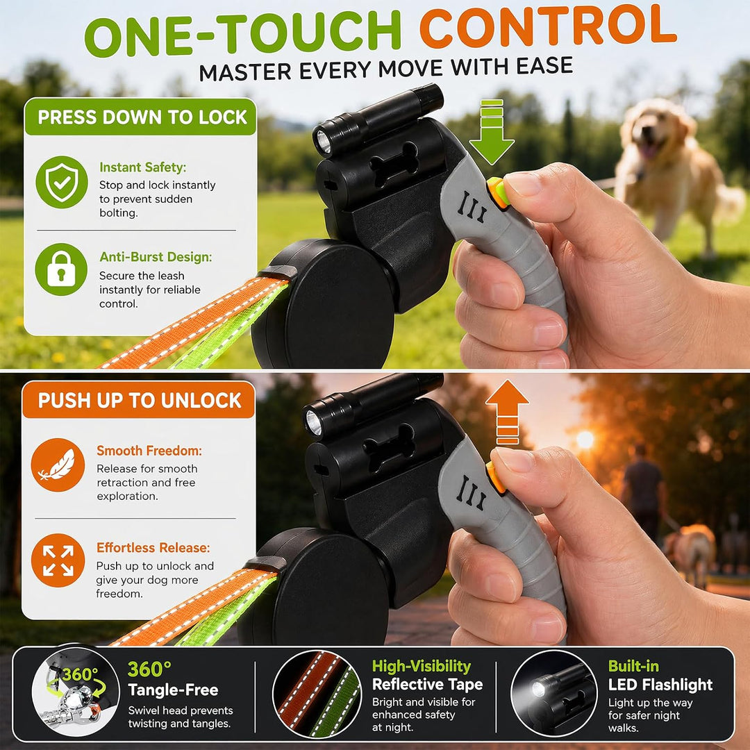 Gohytal Doppelleine 3 Meter für 2 Hunde, Ausziehbare Leine für Hunde mit LED-Licht, 360° Verhedderun