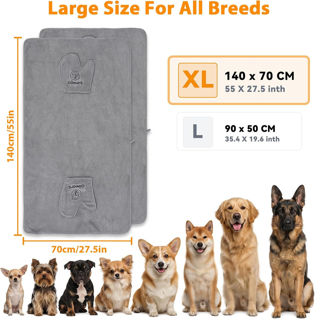 Gimars Thickened Pet Drying Towel with Gloves 140×70cm, 2 Pack, Gray 140×70cm 2er, 140×70cm 2er