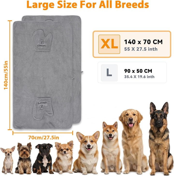 Gimars Thickened Pet Drying Towel with Gloves 140×70cm, 2 Pack, Gray 140×70cm 2er, 140×70cm 2er