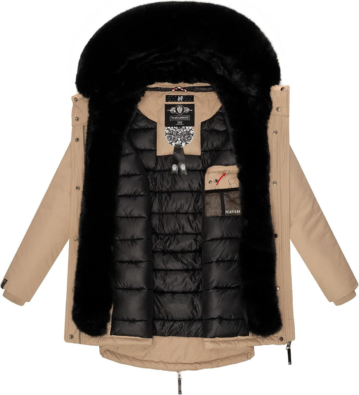 Navahoo Damen Warmer Winterparka mit doppelter Kunstpelz-Kapuze Sweety Deluxe XS-XXL XS Taupe, XS Ta
