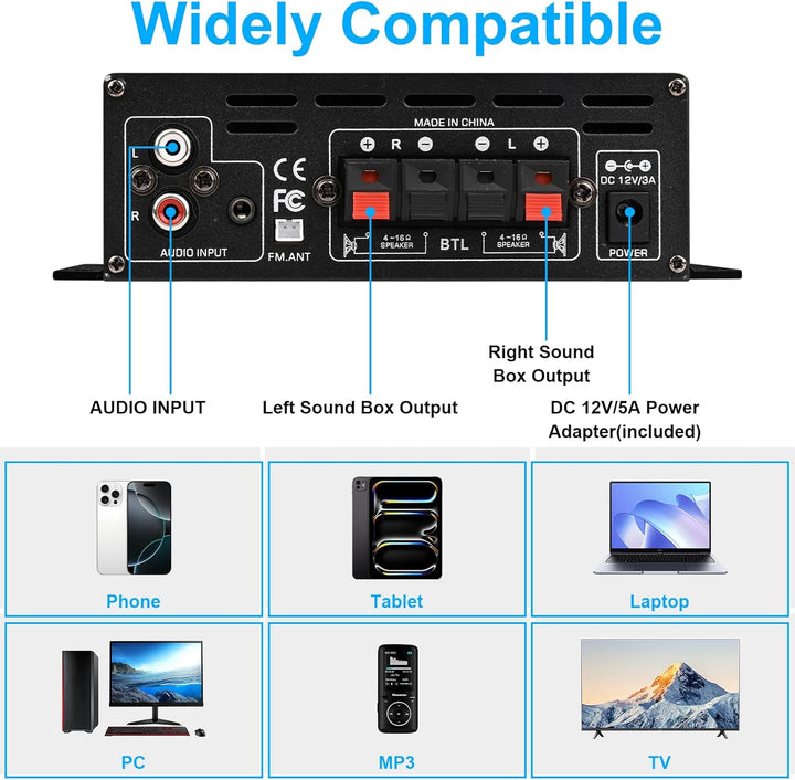 Romicta HiFi-Verstärker AK390, Mini Bluetooth Stereo-Audioverstärker Receiver 12V/ 220V 800W 2 Kanäl