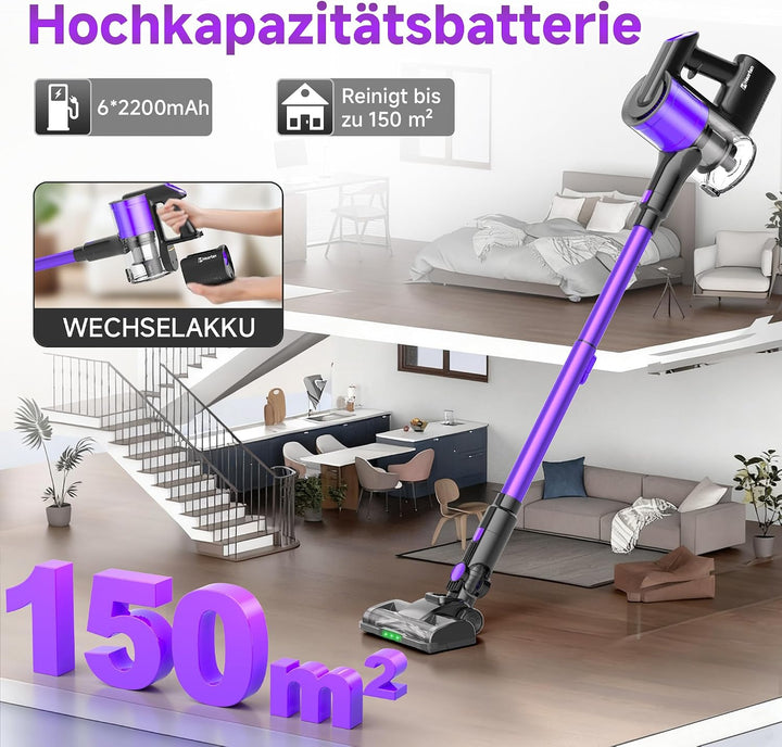 Hearten Akku Staubsauger Kabellos mit LED Display, Leise, 3 Betriebsarten, Kabelloser Staubsauger mi