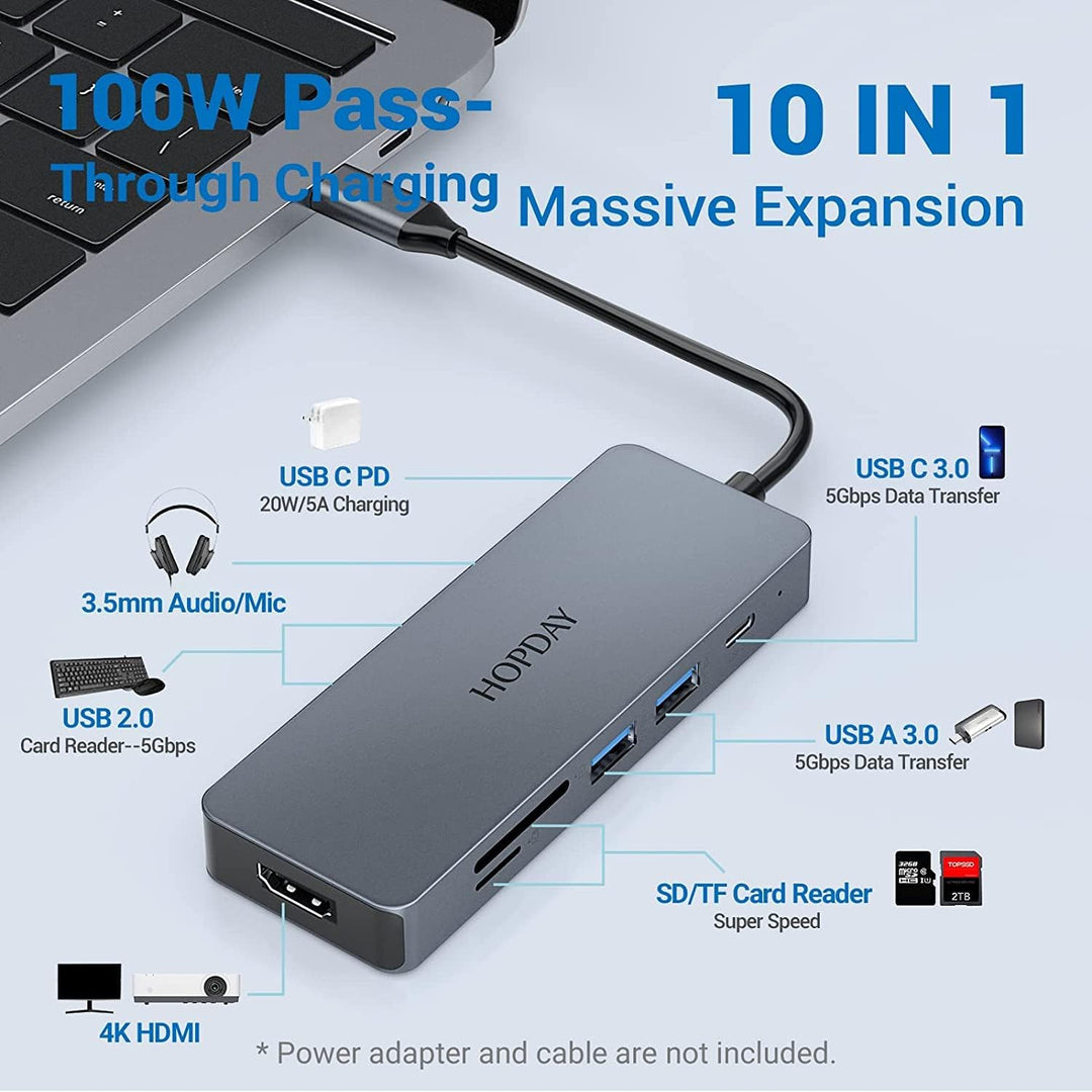 HOPDAY 10 in 1 USB C Hub, USB C Adapter MacBook Pro/Air Ipad Pro Adapter mit 4K HDMI Ausgang, kompat