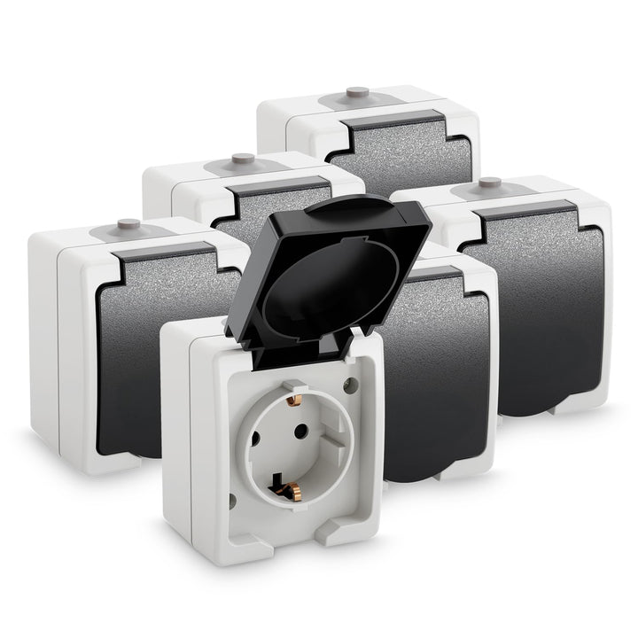 greate 6x Aufputz Steckdose 1fach für Feuchtraum - AP Steckdose mit Klappdeckel IP44, 250V, 16A, 2 p