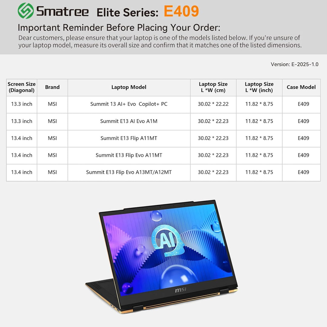 Smatree Laptop Schutzhülle für 13,3-Zoll MSI Summit 13 AI+Evo Copilot+PC/E13 AI Evo A1M,13,4-Zoll Su