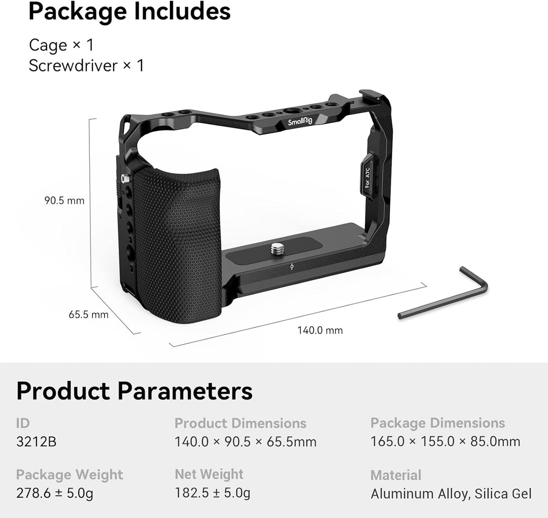 SMALLRIG Full Cage für Sony A7C, Käfig mit Silikon Griff und Cold Shoe Mount - 3212B