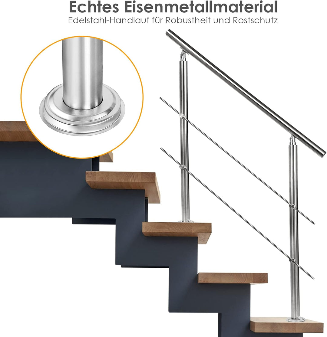 Jopassy Edelstahl Handlauf Geländer,Treppengeländer mit 2 Querstreben, Eingangsgeländer für Balkon T