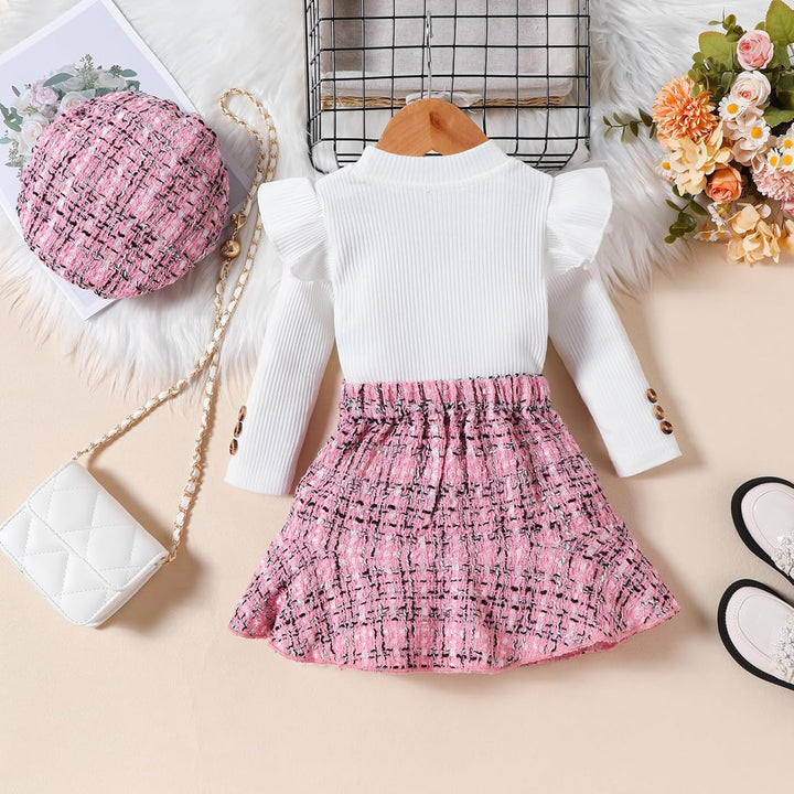 Kleinkind Baby Mädchen Kleidung Langarm Gerippte Oberteile Plaid Tweed Muster Rock Baskenmütze Herbs