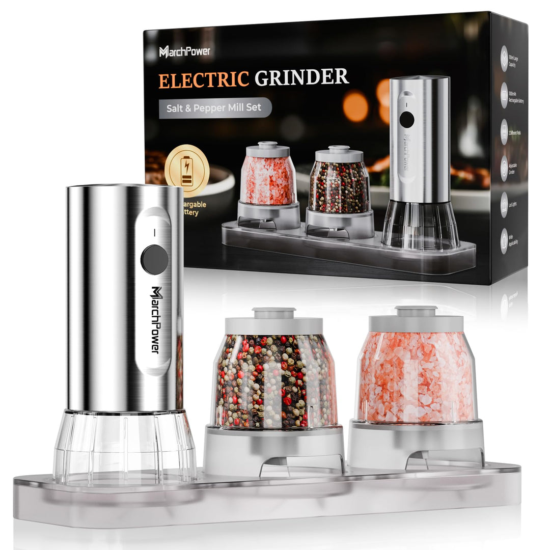 Marchpower elektrische Salz und Pfeffermühle Set, USB Wiederaufladbar, Edelstahl, 2 grosse Kapazität