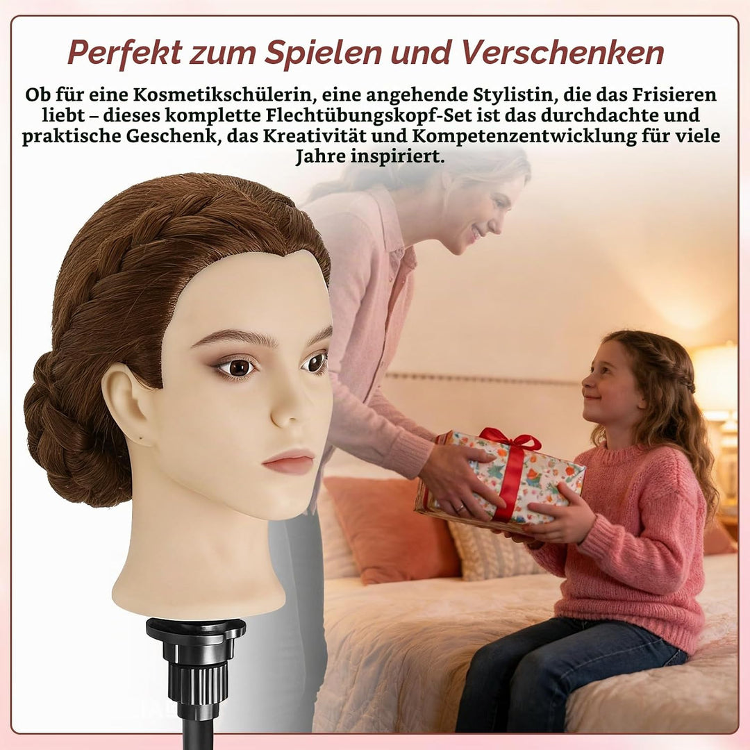 Frisierkopf Echthaar,23inch 80% Mannequin Kopf,Schminkkopf für Übungskopf Friseur,Puppenkopf zum Fri