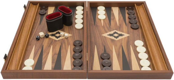 Manopoulos Backgammon-Set, Walnuss und Eiche, mit Philos-Deluxe-Bechern