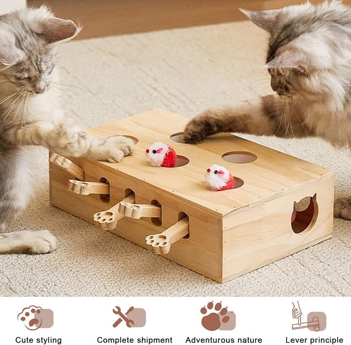 Interaktives Katzenspielzeug, 5-Loch-Mäuse-Schlag-eine-Maulwurf Katzenmaus-Spielzeug, Holz Spielzeug