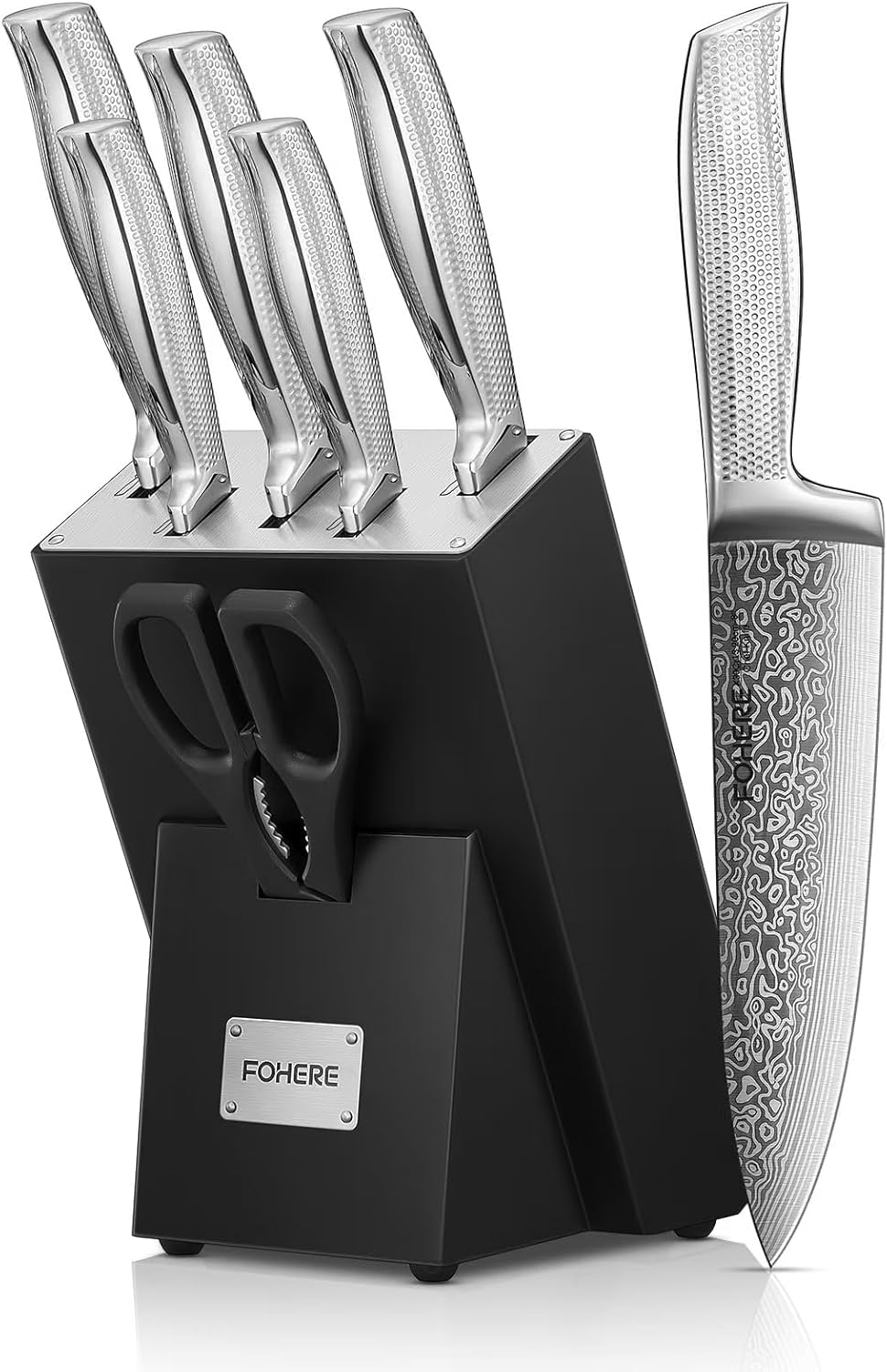 FOHERE Messerblock, 7-teilig Selbstschärfender Messerblock mit Messer, Scharfes Messerset mit Holzbl