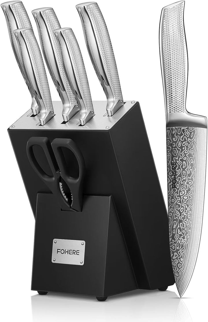 FOHERE Messerblock, 7-teilig Selbstschärfender Messerblock mit Messer, Scharfes Messerset mit Holzbl
