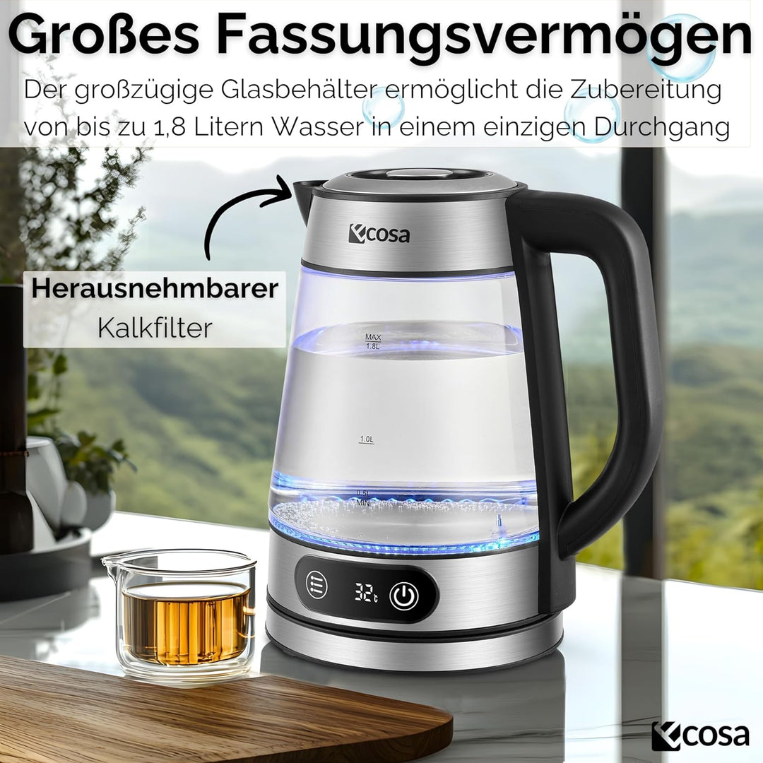 Ecosa® Glas Wasserkocher mit Temperatureinstellung 1,8 Liter 2.200 Watt Edelstahl mit Temperaturwahl