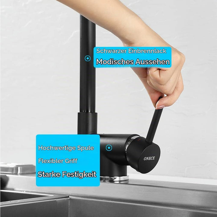 ONECE Vorfenstermontage Küchenarmatur Schwarz, Wasserhahn Küche Klappbar mit 2 Strahlarten, Armatur