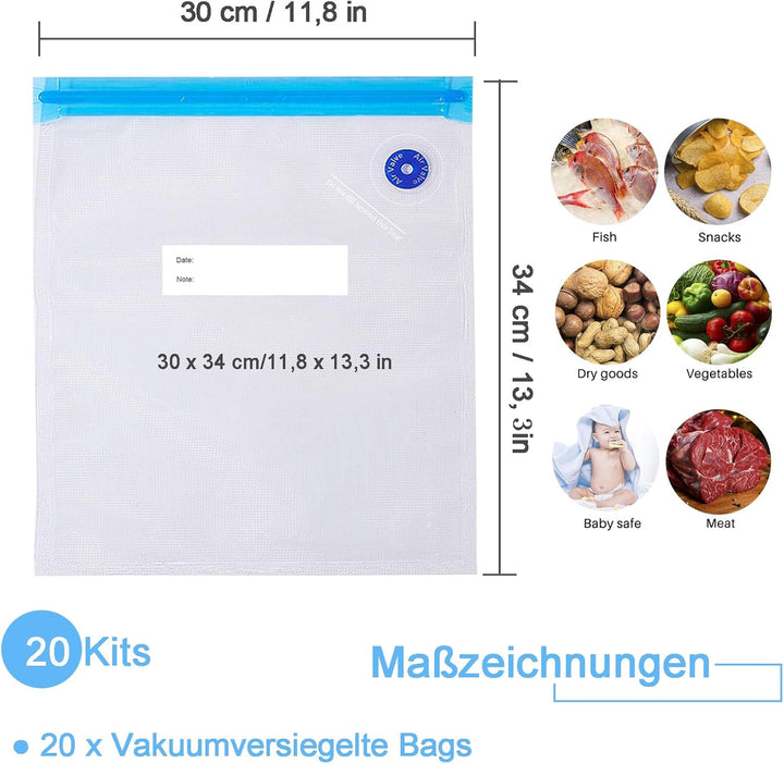 Vakuum Gefrierbeutel, 10 Stück Vakuumversiegelte Bags Kit, Einbeziehen 20 Weisse Reissverschluss Cli
