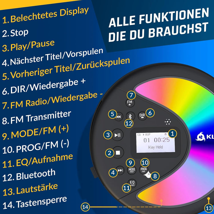 KLIM Discover Mit Kopfhörern + Tragbarer CD-Player Walkman mit langlebigem Akku + Radio FM + Kompati
