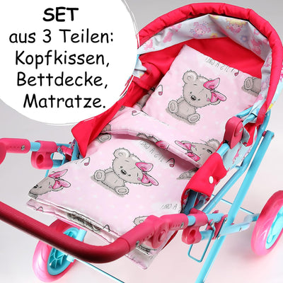 PinkZebra 3er Set Puppenbettwäsche für Puppenbett, Puppenbettzeug 3-teilig, Decke + Kissen + Matratz