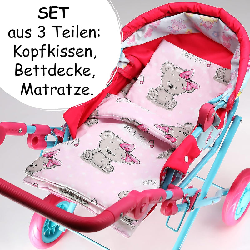 PinkZebra 3er Set Puppenbettwäsche für Puppenbett, Puppenbettzeug 3-teilig, Decke + Kissen + Matratz