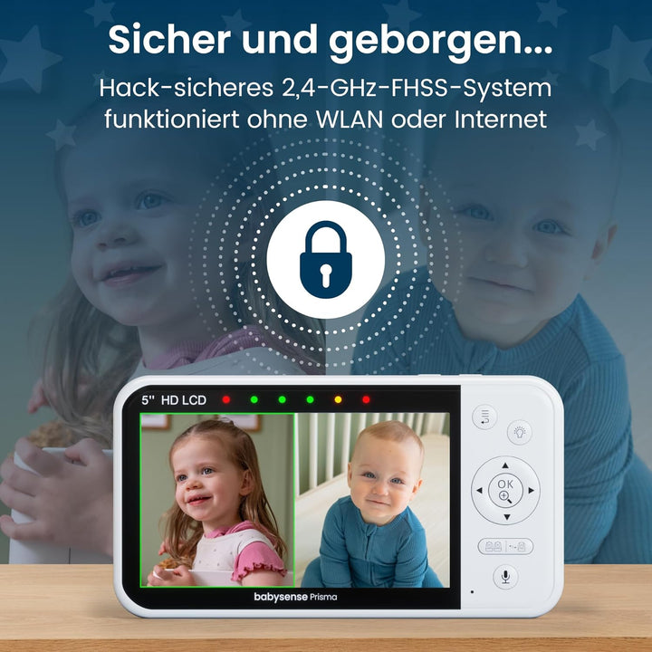 Babysense Prisma 5" HD-Video-Babyphone mit 2 Kameras und Audio, 6-Farben-Nachtlicht, geteiltem Bilds