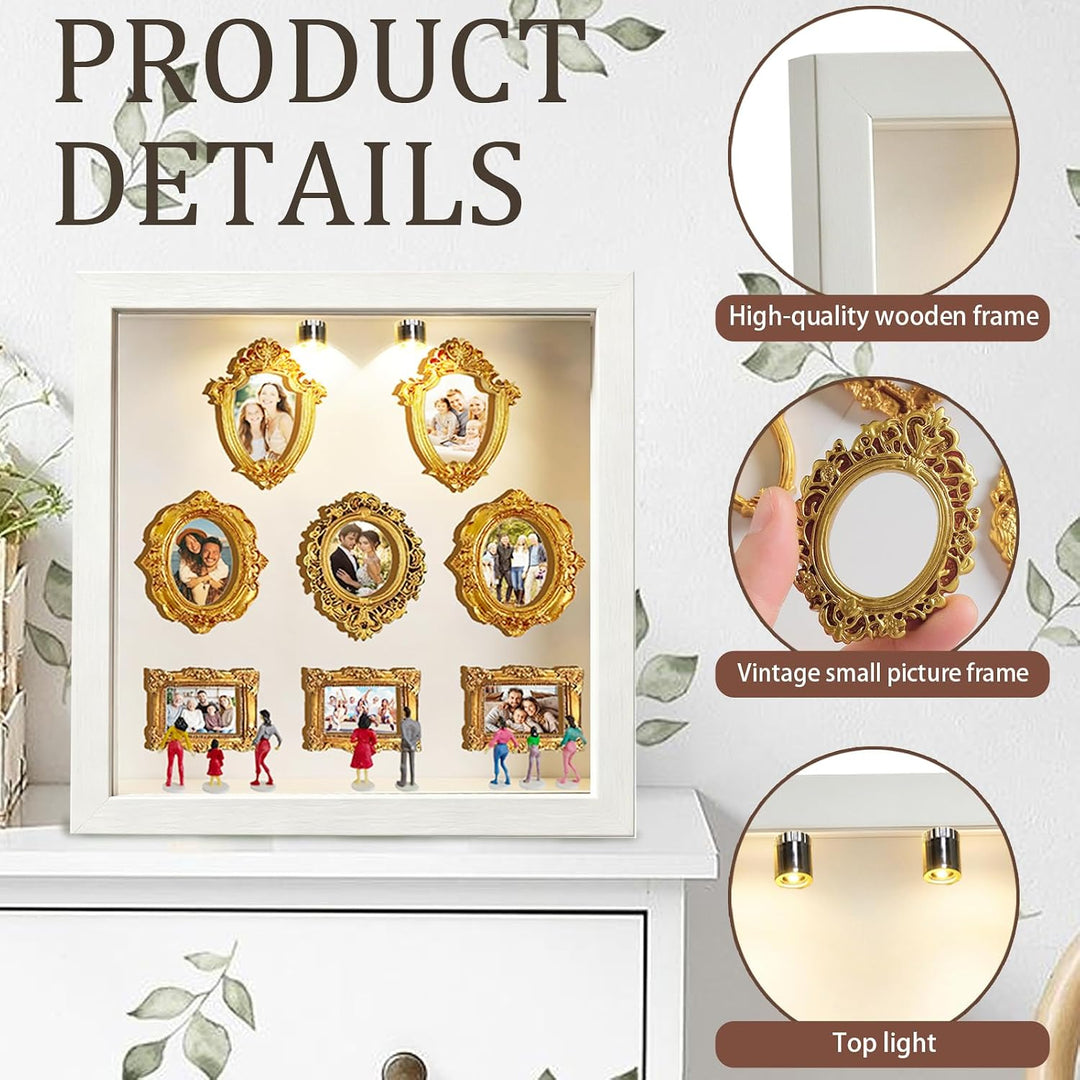 YOUYIKE Mini Museum Bilderrahmen mit LED Licht, DIY Weisser Rand Museum of us mit 8 Mini Gold Kleine