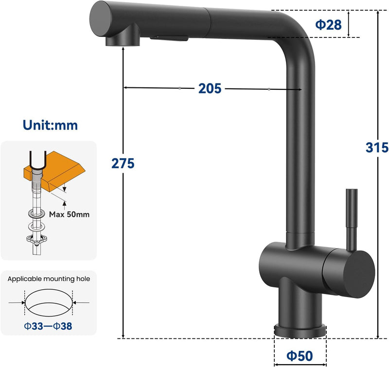 CECIPA Hochdruck Wasserhahn Küche Schwarz, Armatur Küche Ausziehbar, Küchenarmatur mit Brause Zwei W