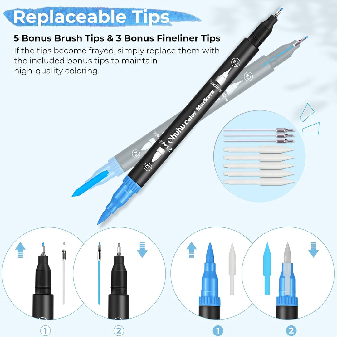 Ohuhu Filzstifte, 120 Dual Brush Pen Pinselstifte Aquarell Marker Set für Kind und Erwachsene für Jo