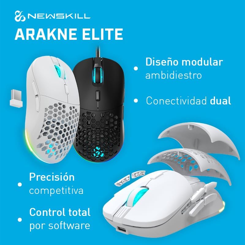 Newskill Arakne Elite Ivory RGB-Maus, kabellos, 16.000 DPI, mit Beidhänger-Design, Weiss, Elite Ivor