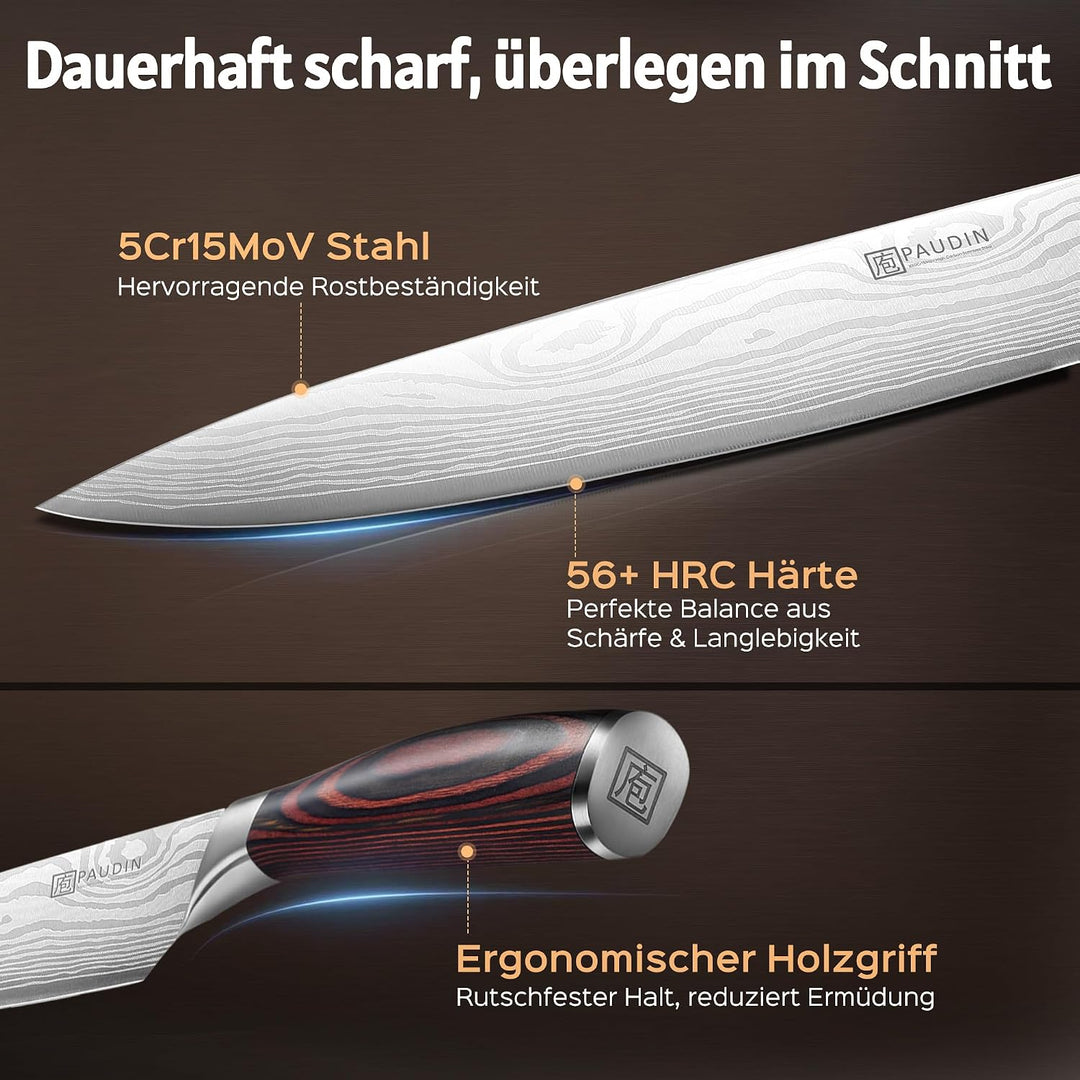 PAUDIN Küchenmesser Set, 3-tlg Messerset aus hochwertigem Carbon Edelstahl, Ultra Scharfes Messer se