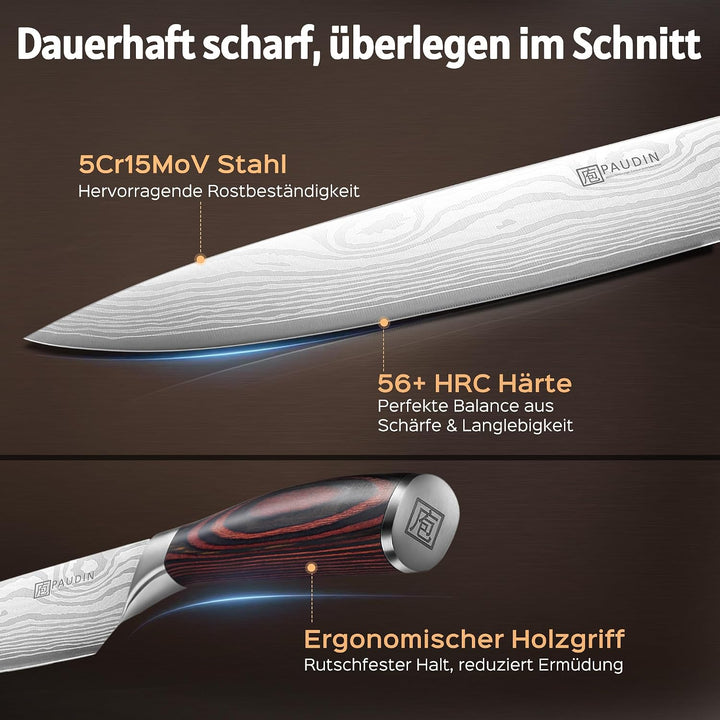 PAUDIN Küchenmesser Set, 3-tlg Messerset aus hochwertigem Carbon Edelstahl, Ultra Scharfes Messer se