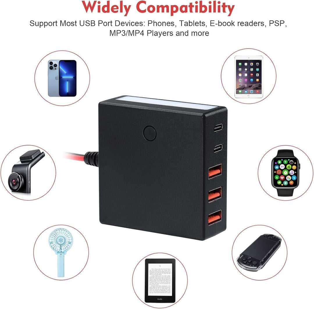 DC-Konverter 12V/24V auf 5V 12A, bis zu 60W, mit Batterieklemmen, USB-C, Mehreren Anschlüssen, Buck-