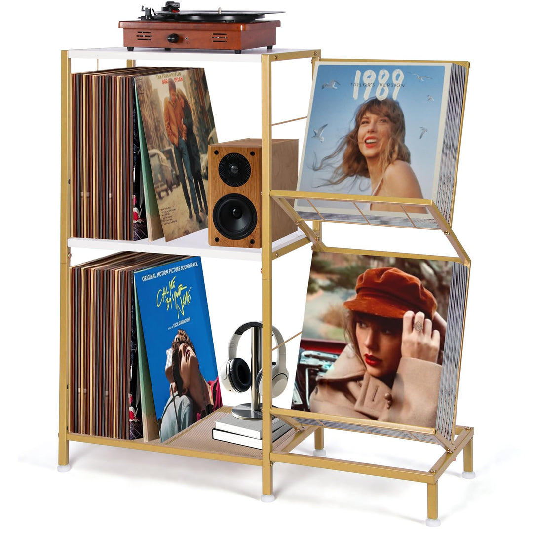 HYCFYJR Plattenspieler Ständer, Schallplatten Aufbewahrung mit 2-stufiger Vinyl Halter und Metallrah