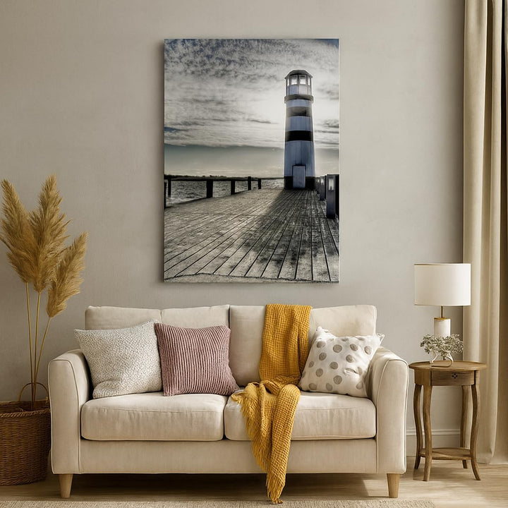 Bilder auf Leinwand 55x100cm Leinwandbild mit Rahmen See Leuchtturm Holzbrücke Wasser Gross Wanddeko