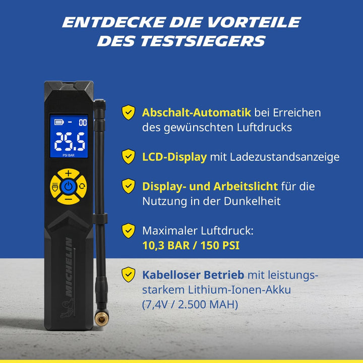 MICHELIN elektrische Fahrradpumpe | Luftpumpe | Akku Mini Kompressor mit LED Licht | 10 Bar/ 150 PSI