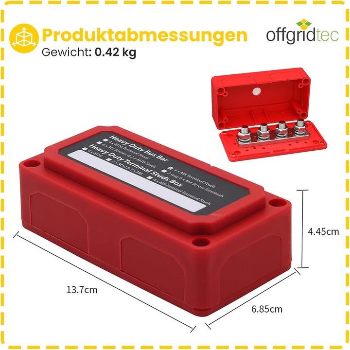 Offgridtec BusBar Box Rot 4 x M8 Anschlussbolzen inkl. Abdeckung und Befestigungsschrauben Busbar Bo