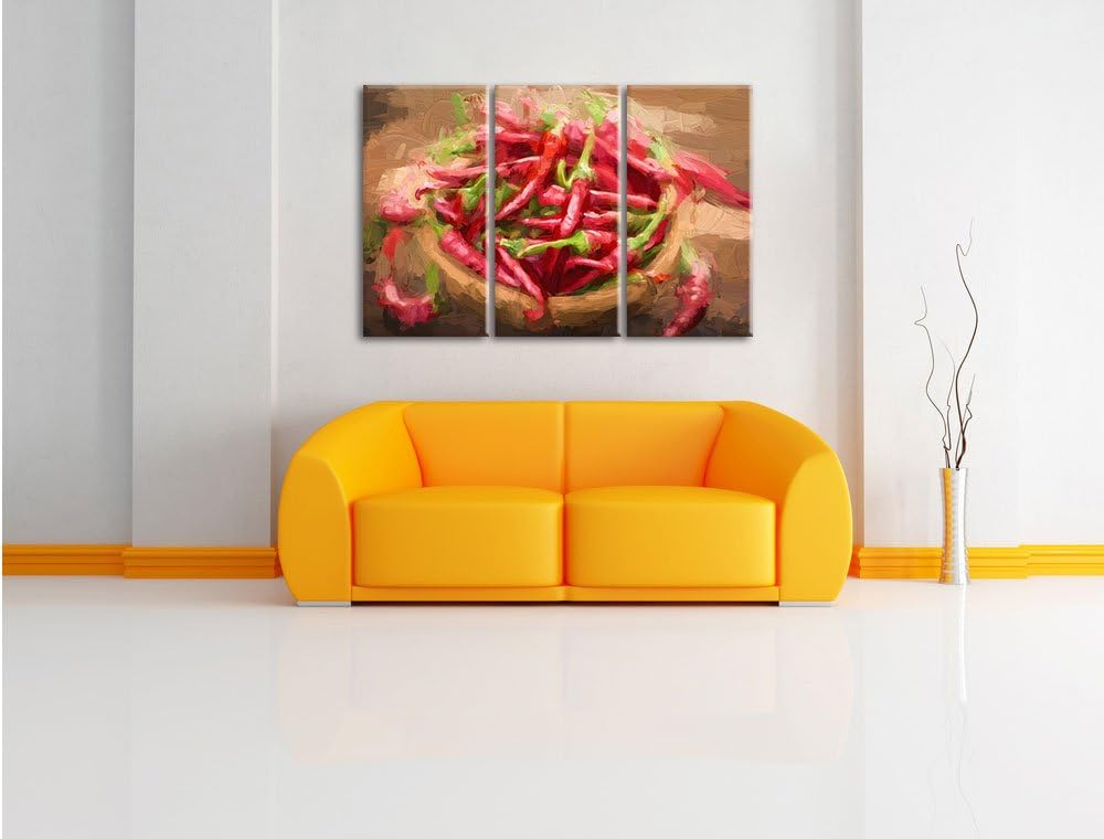 Pixxprint Scharfe Chilishoten Pinsel Effekt 3-Teiler Leinwandbild 120x80 Bild auf Leinwand