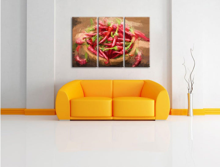Pixxprint Scharfe Chilishoten Pinsel Effekt 3-Teiler Leinwandbild 120x80 Bild auf Leinwand
