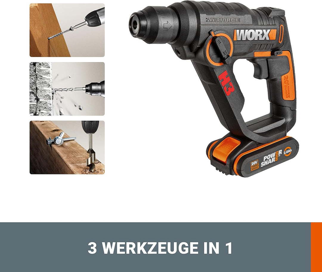 WORX WX390 Bohrhammer SDS-plus - 20V Bohrmaschine mit pneumatischem Hammerwerk zum Schrauben, Bohren