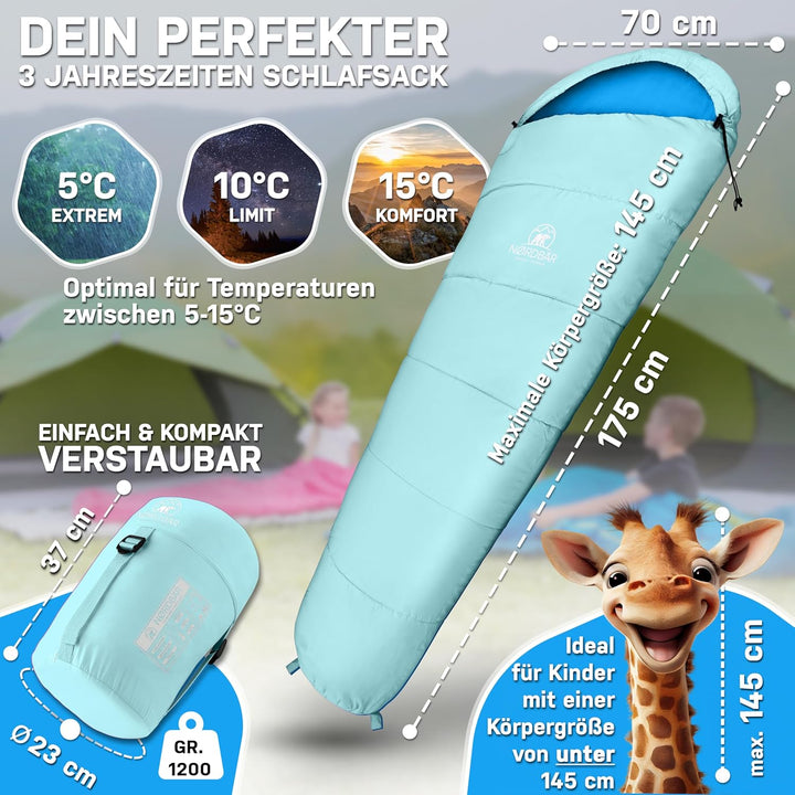 NORDBÄR® Kinderschlafsack für Jungs & Mädchen bis 145 cm Körpergrösse | Innenfutter aus 100% Baumwol