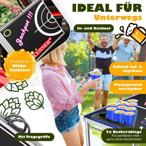 KESSER® Bier Pong Tisch Set mit Kartenspiel Trinkspiel LED-Action inkl. 100 Becher (50 Rot & 50 Blau